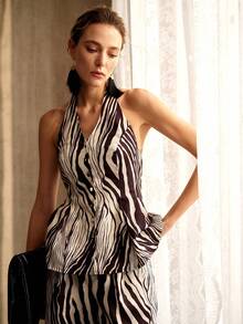MOTF PREMIUM NEW LINEN WOMEN'S ZEBRA PRINT BACKLESS HALTER TOP - Brown - View 5