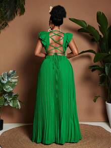 Maweii Plus Size V-Neck Cap Sleeve Ruched Backless Elegant Dress - Green - View 2