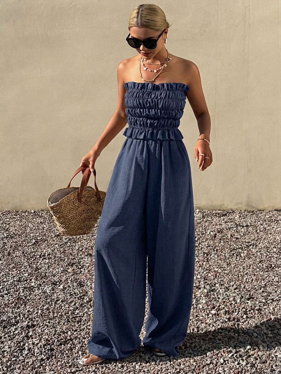 Livesso Navy Blue Summer Boho Beach Vacation Holiday,Women's Spring & Summer Ruffle Patchwork Tube Top & Straight Leg Pants Set,Elegant 2 Pieces Outfit - Navy Blue - View 1