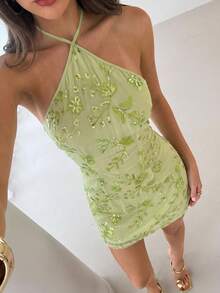 Aloruh 绿色露背亮片刺绣优雅性感派对礼服，适合音乐节演唱会等场合 - 綠色 - 查看 2