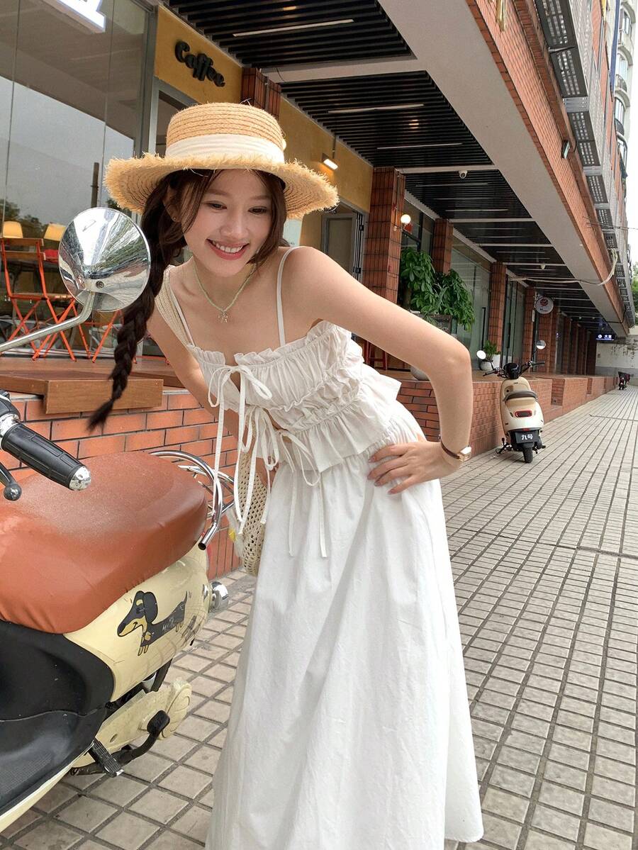 DAZY 女士纯色吊带背心和休闲半裙两件套，夏季波西米亚风度假装 - 白色 - 查看 1