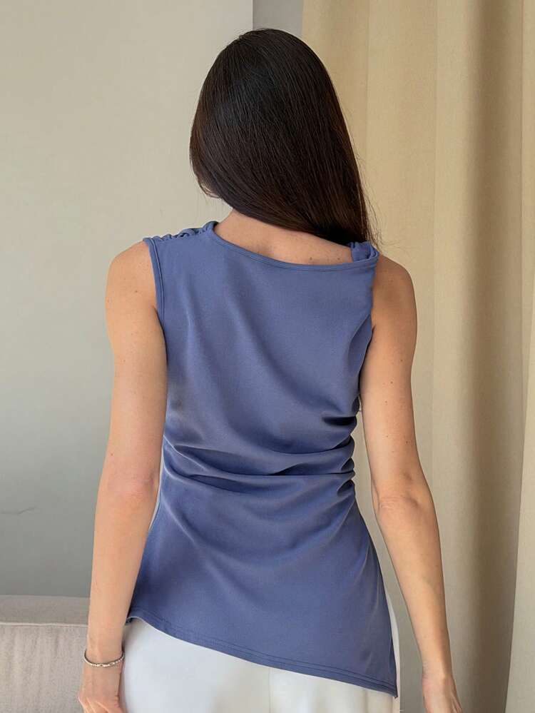 Women's Solid Color Ruched Asymmetric Hem Sleeveless Top, Elegant Resort Wear For Summer