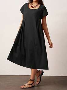 Plus-Size Women's Short-Sleeved Loose A-Line Dress, Made Of Soft Cotton. - Black - View 3