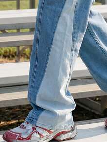 EVRINFINITE Manfinity Streetrush Color Block Splicing Jeans, Unisex High Waisted Loose Flare Leg Casual Pants, Slimming Design, New Arrival All Season Men Wide Leg Jeans Two Tone Jeans Baggy Jeans Y2k - Blue - View 4