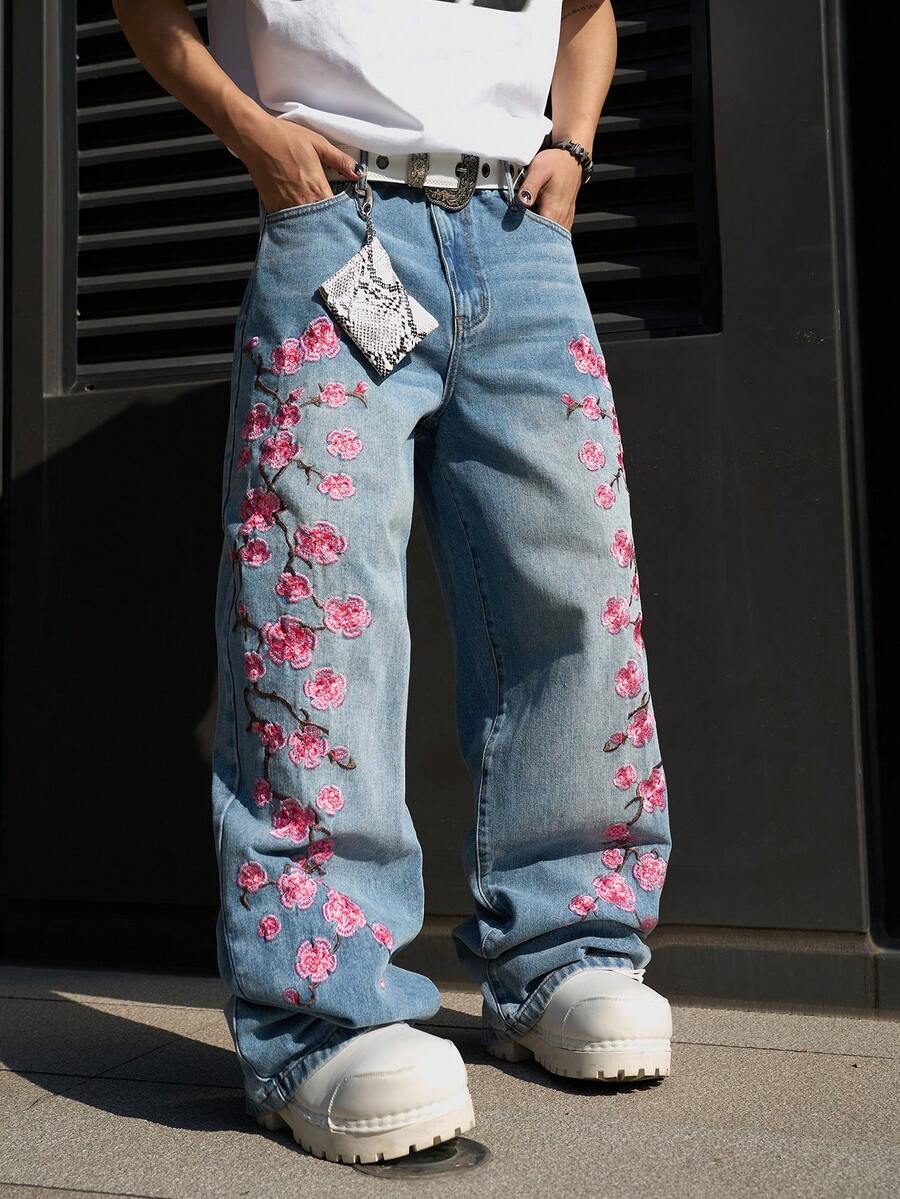 Manfinity EMRG Quần jean denim xanh thêu họa tiết phong cách đường phố thường ngày dành cho nam giới - Rửa nhẹ - Xem 1