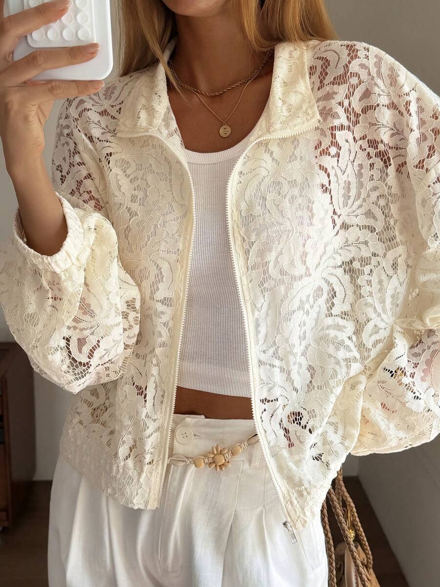 DAZY 女士休闲蕾丝开衫外套，春夏轻薄外套 - 杏色 - 查看 1