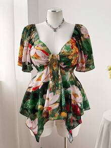 Flirla Plus Size Women's Summer Beach Vacation Lotus Flower Print Sweetheart Neck Flutter Sleeve Babydoll Top - Multicolor - View 4