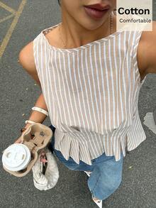 Siren Gaze Nouvelle chemise ajustée sans manches à rayures abricot pour femmes, printemps/été - Nude - Voir 6