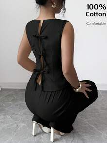 2 piezas Conjunto de camiseta de tirantes con nudo y pantalones casuales minimalistas para mujer, para uso diario - Negro - Ver 4