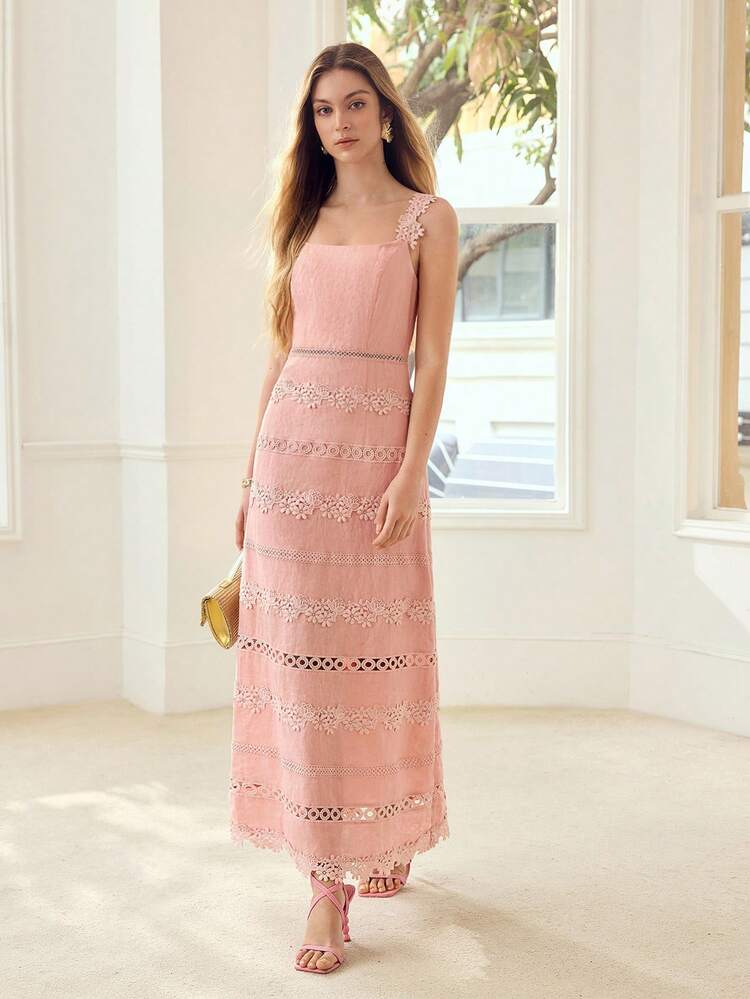 WOMEN'S 100% LINEN FLORAL CONTRAST LACE DRESS, SUITABLE FOR DATES AND VACATIONS