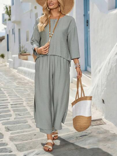 EMERY ROSE Women's Vacation Solid Color 3/4 Sleeve Shirt And Wide Leg Pants 2 Pieces Set Summer Outfits For Women Casual Sets For Women Vacation Outfits Women Holiday Outfits For Women Summer Holiday Outfits Country Style For Women Two Piece Set Women Summer Two Piece Set 2-Piece Going Out Sets For Women Matching Sets For Women Women's Blouse Set Two Piece Casual Sets