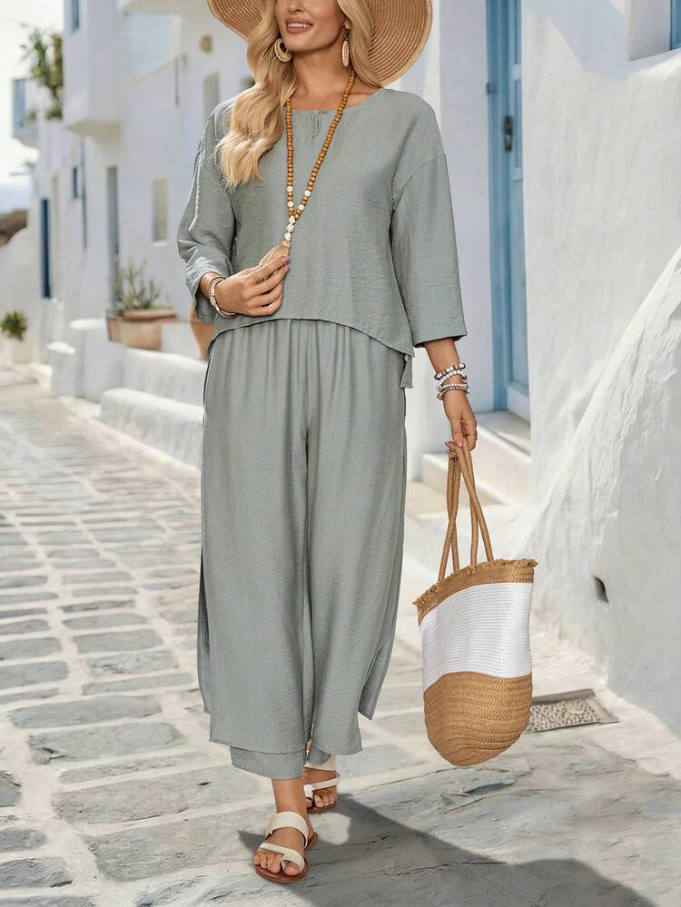 Women's Vacation Solid Color 3/4 Sleeve Shirt And Wide Leg Pants 2 Pieces Set Summer Outfits For Women Casual Sets For Women Vacation Outfits Women Holiday Outfits For Women Summer Holiday Outfits Country Style For Women Two Piece Set Women Summer Two Piece Set 2-Piece Going Out Sets For Women Matching Sets For Women Women's Blouse Set Two Piece Casual Sets