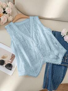 CosyJoli Plus Size Women's Light Blue Summer Elegant Embroidery Hollow See-Through Vest,Boho Chic Old Money Style, Tops,Date Night Vacation Outfits - Baby Blue - View 4