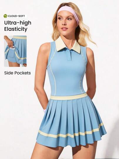 CourtClass Women's Tennis Dress Sleeveless Polo Collar Pleated Sweet & Cool Style Sports Dress, Light Blue Contrast Pleated Tennis Skirt High Waist Slimming Fitness Dress