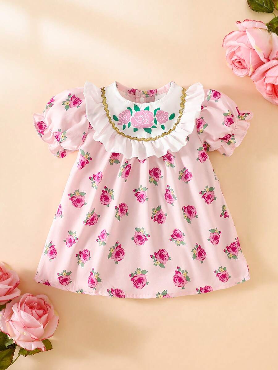 SHEIN Đầm ngắn tay bồng bằng ren trắng in họa tiết cho bé gái sơ sinh, kiểu dáng mùa hè mới với họa tiết hoa hồng ren vàng, thích hợp cho tiệc tùng, họp mặt, dạ hội và mặc hàng ngày. - Màu tím hoa cà - Xem 1