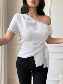 Celisse Áo kiểu dáng thanh lịch, cổ áo thắt nơ, vai trần, dáng ôm vừa vặn dành cho nữ. - trắng - Xem 4