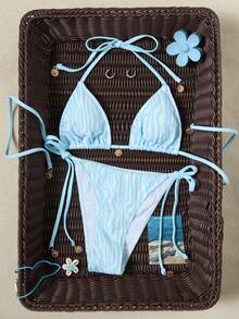 SHEIN Swim Mod Bộ bikini hai mảnh màu xanh dương chất liệu đặc biệt dành cho nữ, kiểu dáng tam giác, cổ yếm, gợi cảm, thanh lịch, thích hợp cho kỳ nghỉ, đi biển, hồ bơi, tiệc tùng. - Màu xanh lam - Xem 2