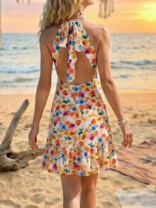 Sylviya Vestido feminino casual de férias com amarração nas costas e decote nas costas - Multicolorido - Ver 1