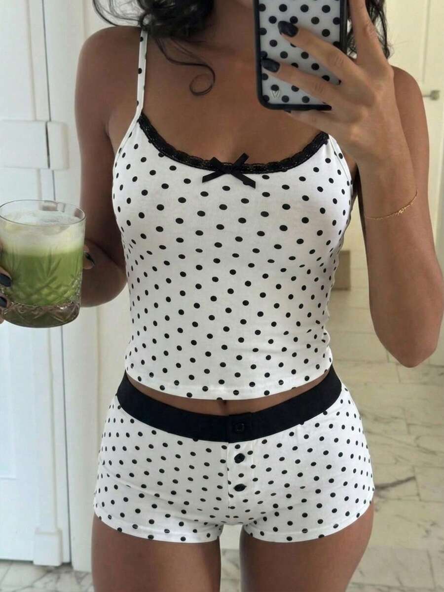 SHEIN SXY 女士撞色蕾丝波点印花吊带背心和短裤性感内衣套装 - 白色 - 查看 1
