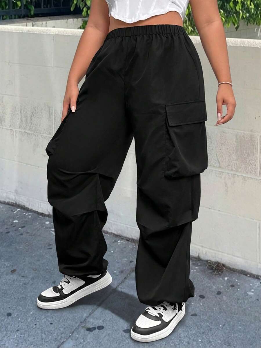 Muchica Plus Flap Pocket Side Cargo Pants - Black - View 1