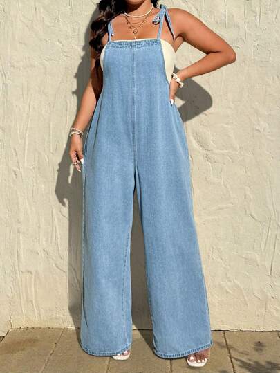 Rivivi Bộ áo liền quần denim buộc dây mùa hè dáng rộng dành cho nữ cỡ lớn