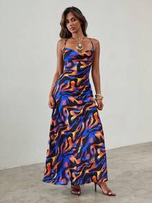 SHEIN ICON Đầm mùa hè gợi cảm dành cho nữ, kiểu dáng đi biển, họa tiết nhuộm tie-dye toàn thân, cổ xếp ly, lưng chéo, dây mảnh. - Nhiều màu - Xem 4