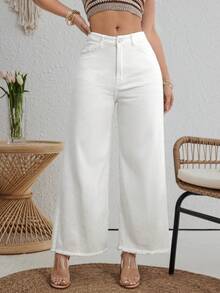 Breezaya Quần jean ống rộng viền sờn dành cho nữ, ngoài trời xuân hè - trắng - Xem 8