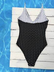 Swim Mod 2026 Spring/Summer Yellow Base Brown Polka Dot + Brown Yellow Striped Reversible Adjustable Spaghetti Strap One-Piece Swimsuit - Black and White - View 7