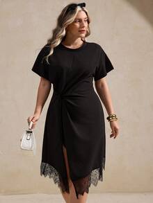 Elegantrix Plus Size Women's Elegant Asymmetrical Hem Twist Lace Patchwork Short Sleeve Dress, Spring/Summer - Black - View 3