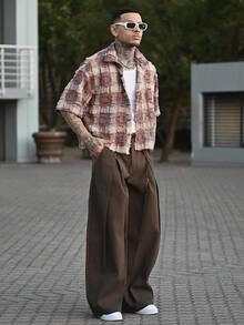 Devon Thys Men's Plaid Woven Short Sleeve Cropped Shirt, Suitable For Summer - Brown - View 1