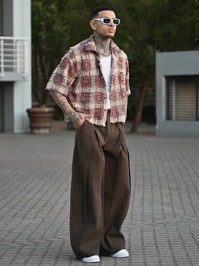 Devon Thys Áo sơ mi nam tay ngắn dệt kẻ caro cắt gấu, phù hợp cho mùa hè