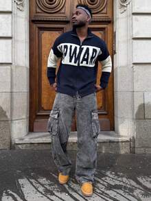 Heavens Edit 宽松男式翻盖口袋和侧面板工装牛仔裤（不含腰带） - 灰色 - 查看 1