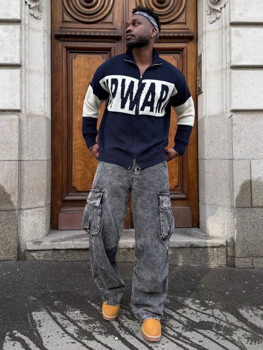 Heavens Edit 宽松男式翻盖口袋和侧面板工装牛仔裤（不含腰带） - 灰色 - 查看 1