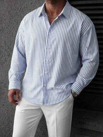 DAZY Camisa de manga larga a rayas azul y blanca para hombres de talla grande, otoño/primavera