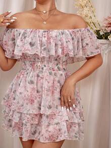 Sunnyshic Vestido de pastel con volantes y estampado floral romántico de hombros descubiertos - Rosa - Ver 3