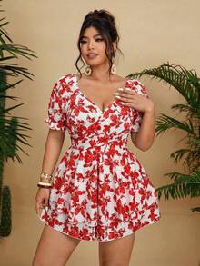 Vionelle Plus Size Women Vacation Blue Floral Print Short Sleeve Romper - Red - View 3