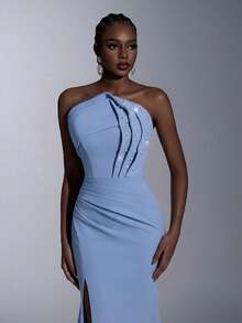 Elitara Elegant Luxurious Elastic Knit Asymmetric Neck Ruched Sexy Slit Fishtail Hem Formal Evening Gown For Women - Baby Blue - View 7