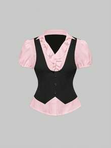 ROMWE Vintage Gothic College Style 2 In 1 Women Top, Back To School - Baby Pink - View 5