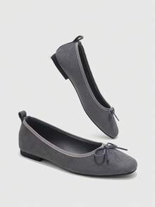 CUCCOO BIZCHIC Zapatos de mujer para primavera y otoño con decoración de lazo, punta redonda, suela plana, bailarinas de ante dulces para uso diario y citas - Gris - Ver 5