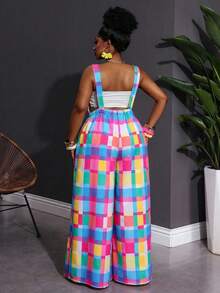 SHEIN CURVE+ Plus Size Women's Casual Checkered Jumpsuit With Camisole - Multicolor - View 7