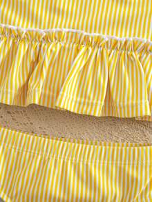 SHEIN Baby Girl Bow Decor Striped Ruffle Cute Swimsuit Top And Shorts Set - Yellow - View 6