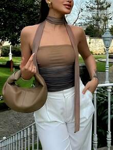 Women's Elegant Fashionable Modern Music Festival Party Leopard Print Neck Tie Ruched Bandeau Top, Summer,Summer Top - Camel - View 2