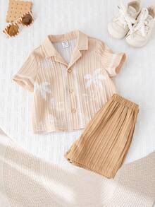 SHEIN 2pcs Baby Boy Summer Casual White Textured Short Sleeve Shirt And Shorts Set, Holiday Shirt Outfit - Multicolor - View 8