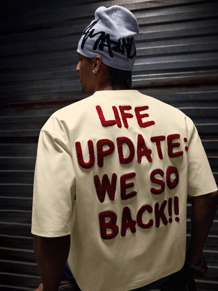 AXEPEAK 男士休闲时尚美式街头标语印花短袖T恤，夏季 - 杏色 - 查看 1