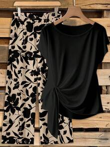 SHEIN Clasi Blusa de mujer con lazo y estampado de hojas florales, pantalones rectos sueltos conjunto de 2 piezas, adecuado para salidas, viajes al trabajo, elegante, romántico, chic, vacaciones en la playa - Multicolor - Ver 6