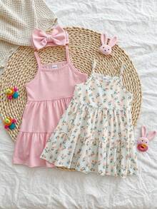 SHEIN 2pcs/Set Baby Girls' Versatile Solid Pink Dress & Yellow Ditsy Floral Dress, Soft & Comfortable, Summer - Multicolor - View 2