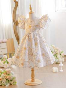 SHEIN 1 Paquete Vestido de niña joven casual, simple, hermoso, lindo y elegante con estampado floral de jacquard dorado, adecuado para fiestas de cumpleaños, fiestas de noche, actuaciones, bodas, bautizos, ceremonias de apertura, juegos, fiestas, sesiones de fotos, vacaciones, festivales, uso diario, viajes, primavera, otoño e invierno - Albaricoque - Ver 8