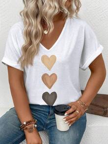 EMERY ROSE Women's V-Neck Turnover Cuff, Ombre Heart Print Casual Versatile T-Shirt, Spring/Summer - White - View 5