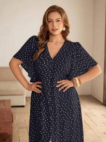 Roveilla Zanzea Plus Size Women's Navy Blue Polka Dot V-Neck Maxi Dress,Elegant Summer Vacation Puff Sleeve Hem Slit Button Decor Retro French Dress - Navy Blue - View 3