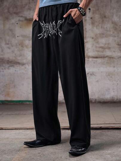 Skyrend 男士字母印花抽绳直筒长款轻薄黑色运动裤，适合外出、哥特风格、哥特运动装、男士印花运动装、白色印花黑色运动装，适合锐舞派对、返校季、宽松抽绳阔腿运动裤，适合健身、Emo风格、秋季穿着